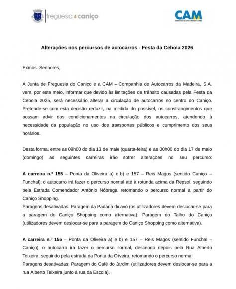 Altera&ccedil;&atilde;o no percurso de autocarros (CAM) - Festa da Cebola 2026