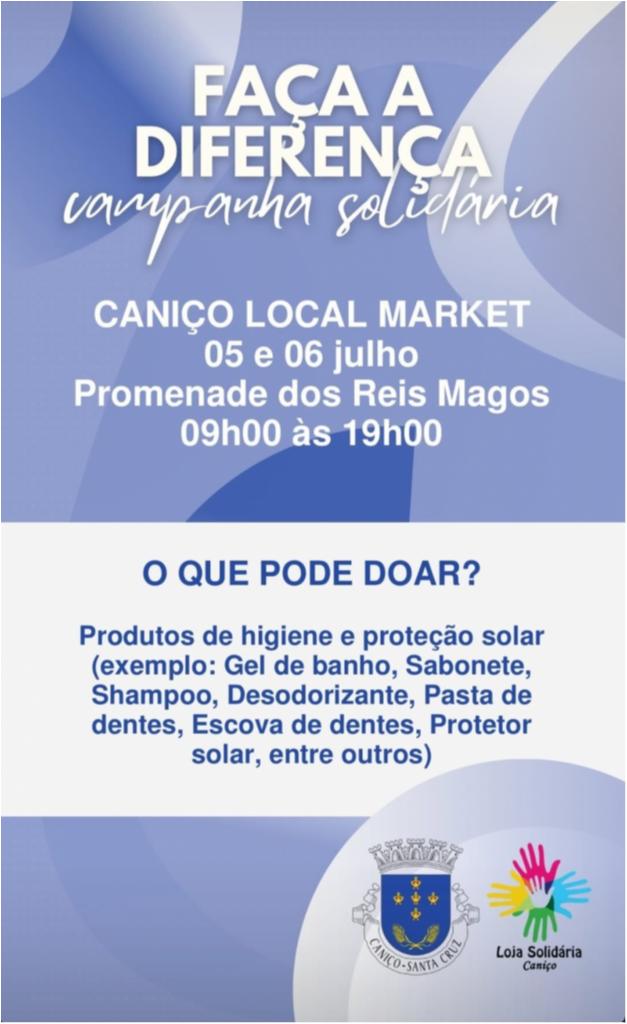 Cartaz - Campanha solidária do evento de julho do Caniço Local Market 2025